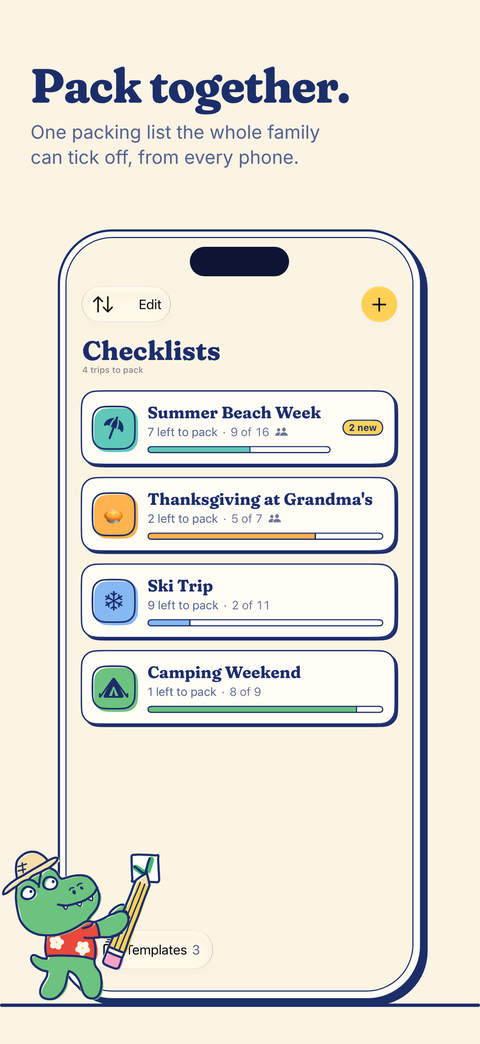 The Checklists screen: four trips, each with how much is left to pack