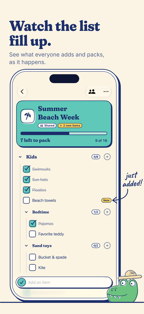 A shared list filling up, with new items marked